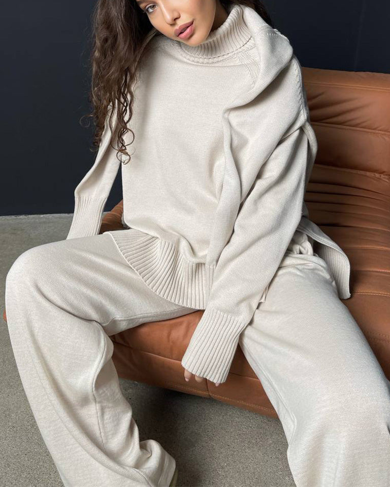 Solid color turtleneck knitted sweater and wide-leg trousers two-piece suit