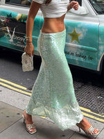 Light Green Sequined mesh high-waist slim skirt