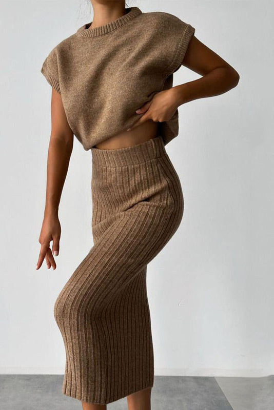 Sleeveless knitted pullover top and fitted long skirt two-piece set