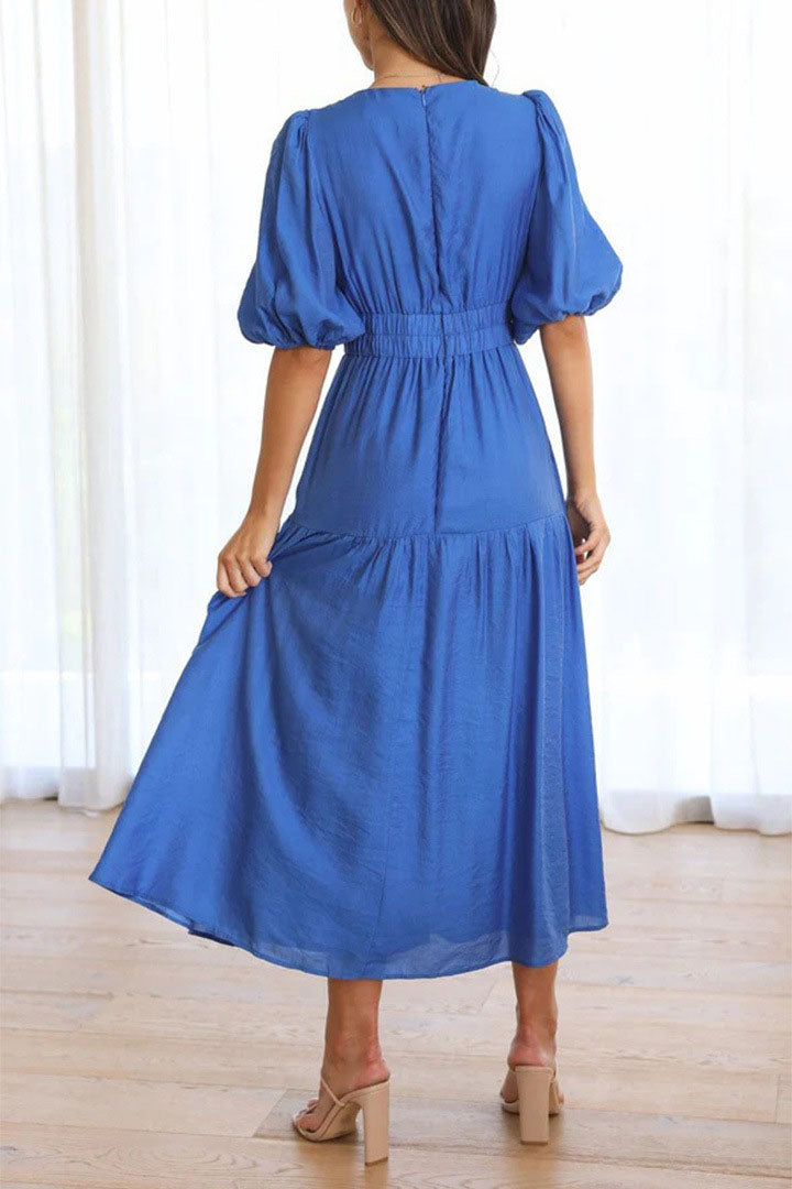 Vestido midi com manga lanterna e decote em V com cintura marcada