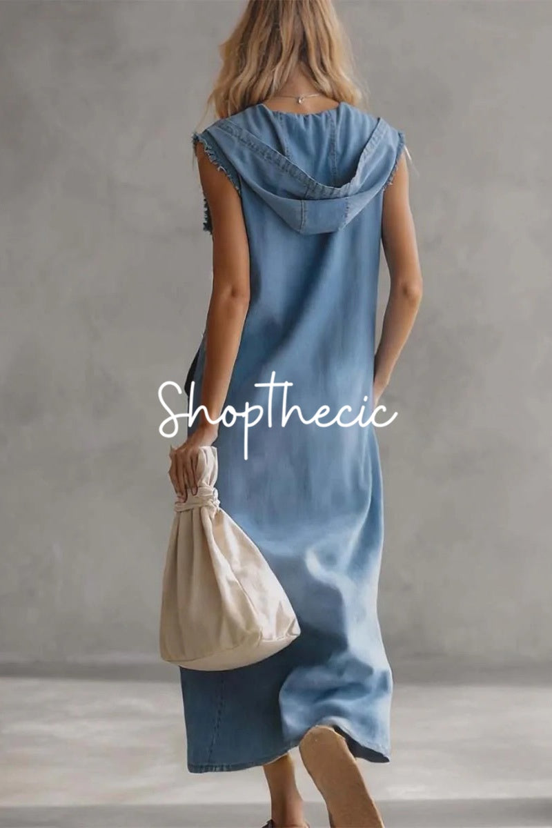 Minimalism Hooded Denim Sleeveless Maxi Dress