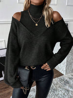 Solid color loose off-the-shoulder long-sleeved turtleneck sweater