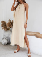 Woven Elegant Backless Halterneck Vacation Dress