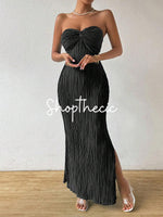 Strapless pleated fitted bow slit maxi dress