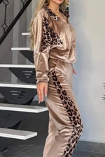 Suede leopard print contrast long-sleeved jacket and wide-leg pants two-piece set