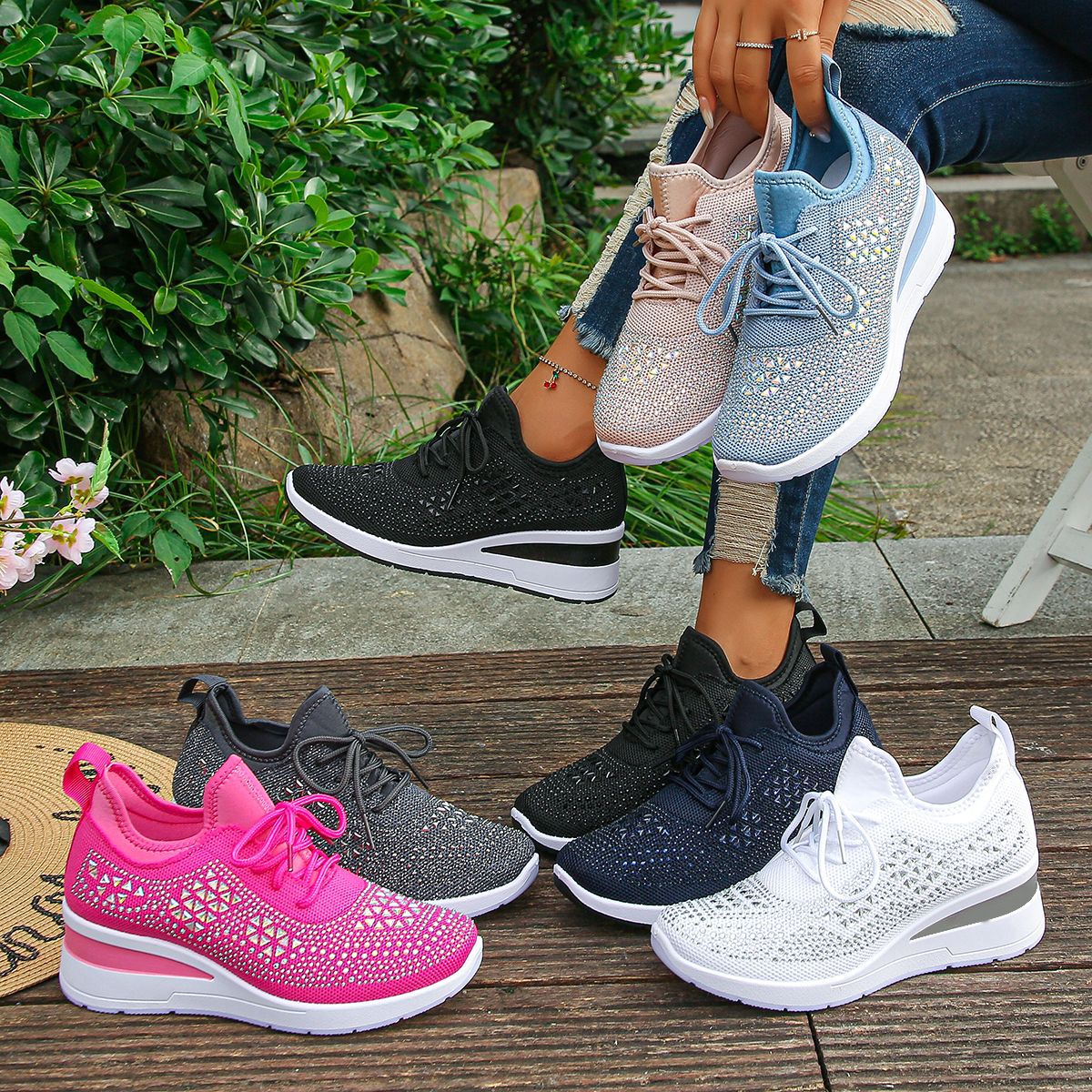 Rhinestones Woven Upper Hidden Heel lightweight walking shoes