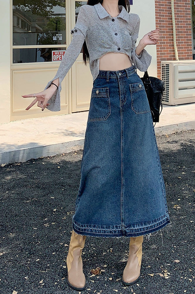 Jupe trapèze taille haute multipoches en denim lavé
