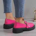 Round toe square heel candy pink leather shoes