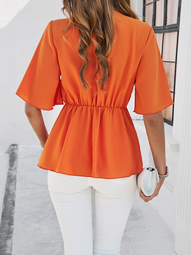 Solid Color Elegant Short-Sleeve Waist-Tied Top