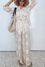 Hollow long-sleeved single-breasted shirt and trousers loose vacation two-piece suit