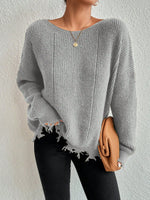 Solid color round neck ripped design loose knit sweater