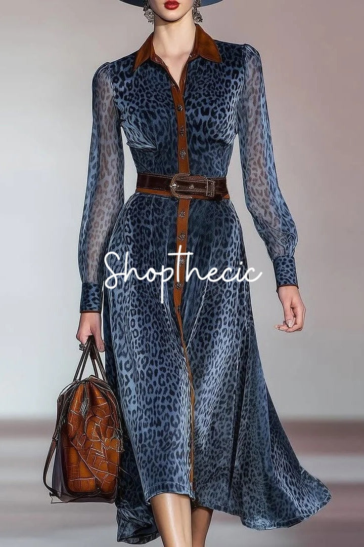 Elegant blue leopard print chiffon shirt dress