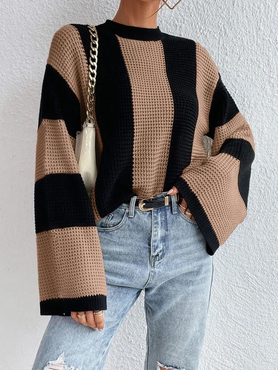 Wide vertical stripe bell sleeve pullover sweater