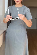 Temperament solid color waist loose hem midi dress