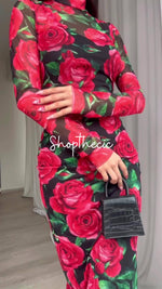 Large floral print fitted silhouette midi dress