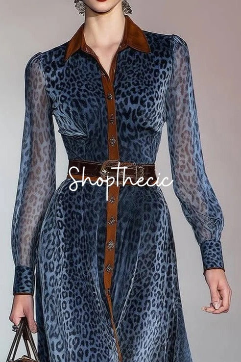 Elegant blue leopard print chiffon shirt dress