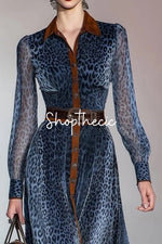 Elegant blue leopard print chiffon shirt dress