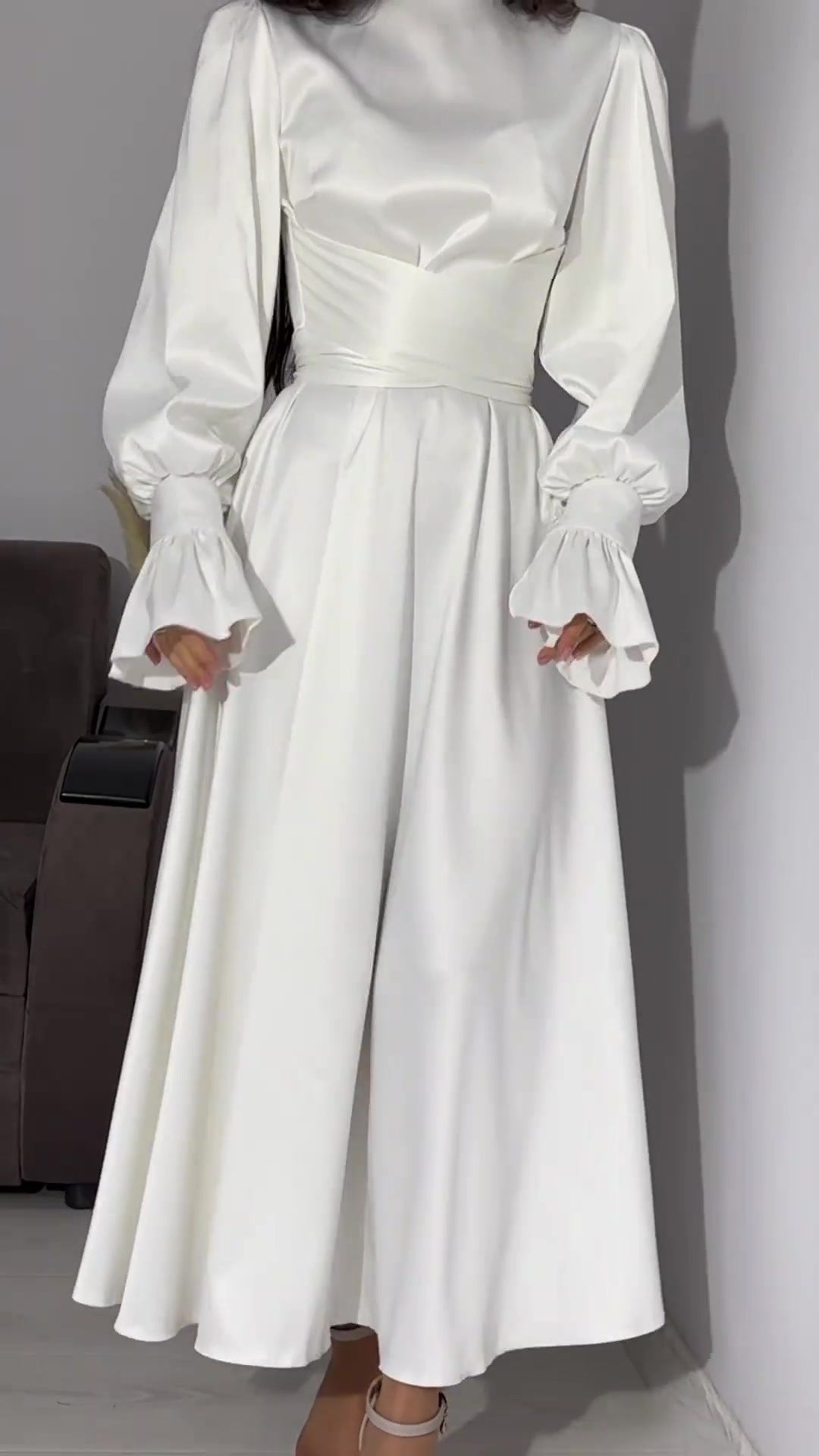 Long-sleeved puff-sleeved solid color fairy-style dress