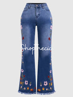 High-elasticity frayed hem and embroidery flared jeans
