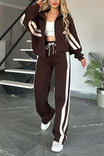 Y2K striped zip-up cropped sweatshirt jacket and sports pants two-piece set