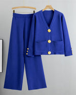 Chic gold large button knitted sweater and wide-leg pants two-piece suit