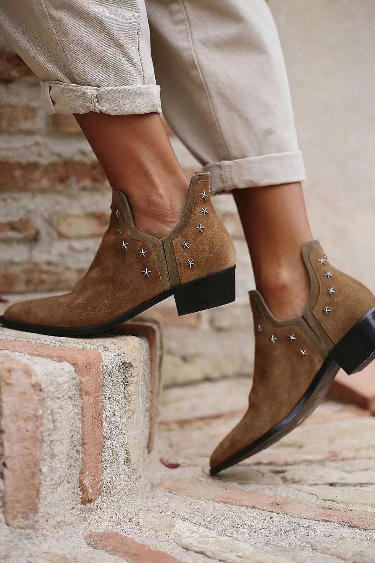 Metal five-star embellished low-heeled ankle boots