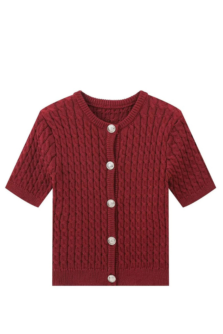 Slim-fit round neck knit short-sleeved cardigan