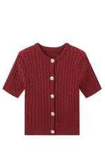 Slim-fit round neck knit short-sleeved cardigan