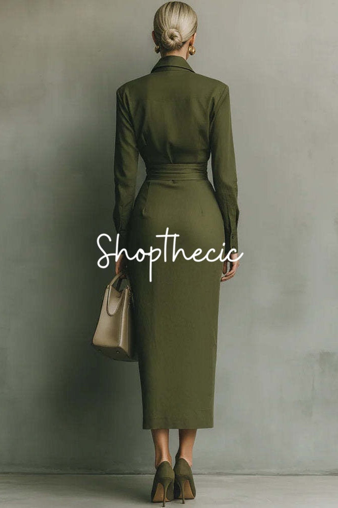 Chic military green fitted shirt maxi dress