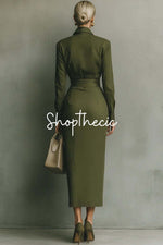 Chic military green fitted shirt maxi dress