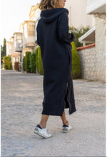 Large Pocket Zipper Hem Knitted Hooded Fleece Long Sweater Dress