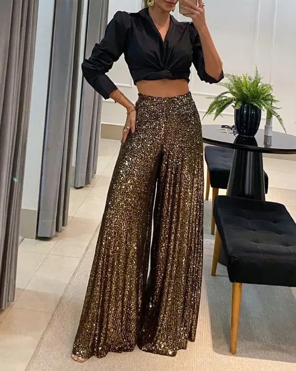 Lockere Hose mit weitem Bein und hoher Taille und Pailletten