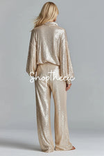 Sequined stand-up collar half-zip top wide-leg pants two-piece set