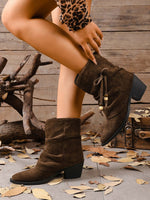 Side bow tie embellishment suede ankle boots