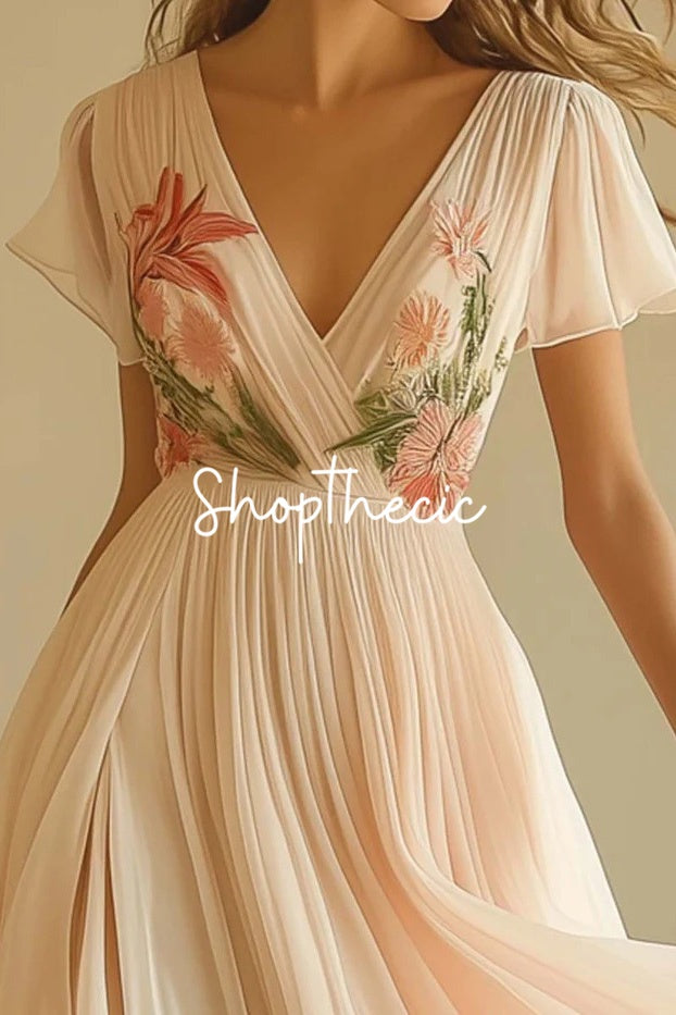 Pink V-neck short-sleeved mesh printed maxi dress