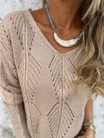 Reversible hollow leaf pattern V-neck long-sleeved knitted sweater