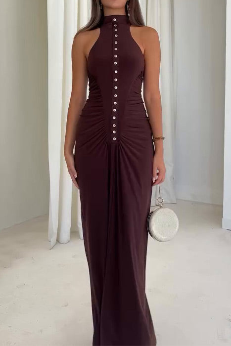 Sleeveless half-high collar multi-button slim-fit long dress