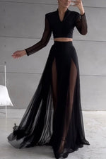 Zweiteiliges Set mit langärmligem Urlaubsrock mit elastischen Netzeinsätzen