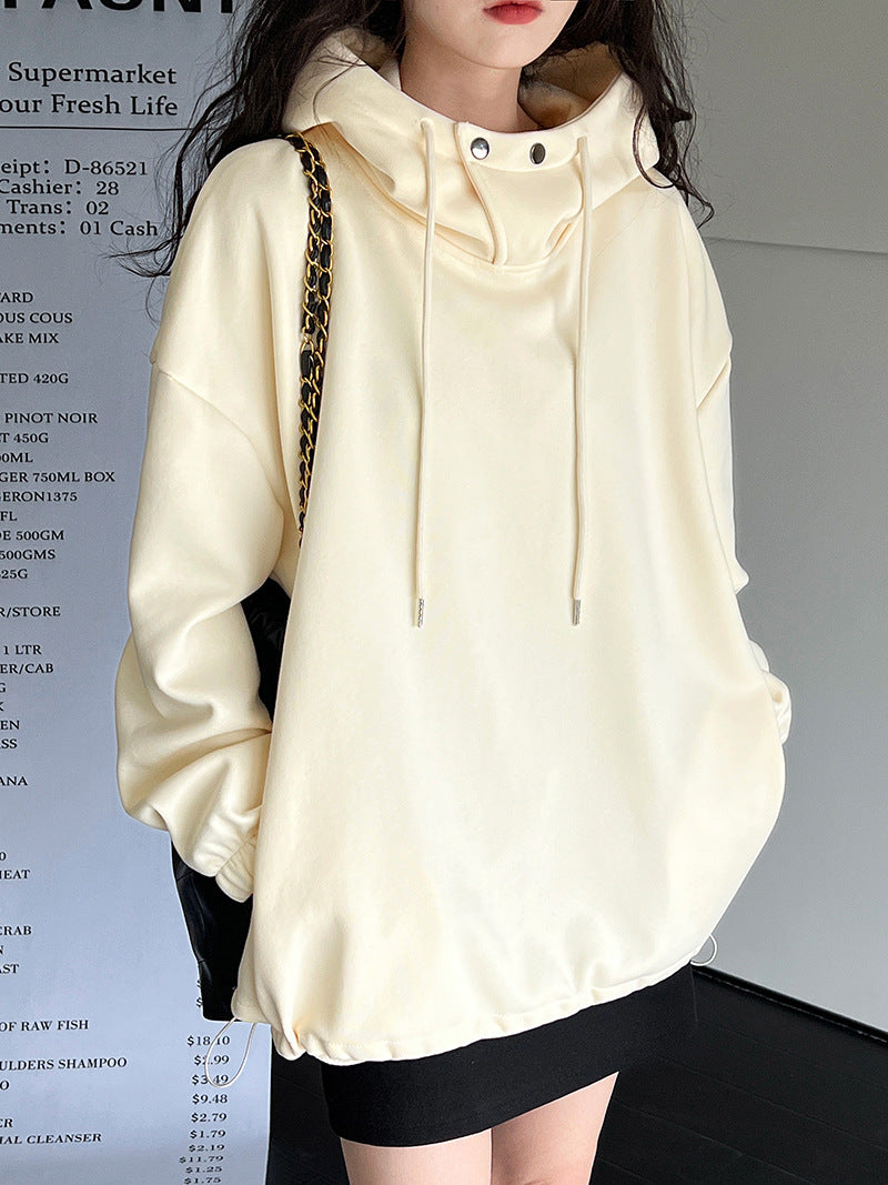 Half High Collar with Button Details Thick Loose Hoodie
