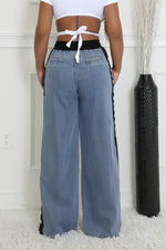 High-waisted Braided belt splicing sides wide leg jeans