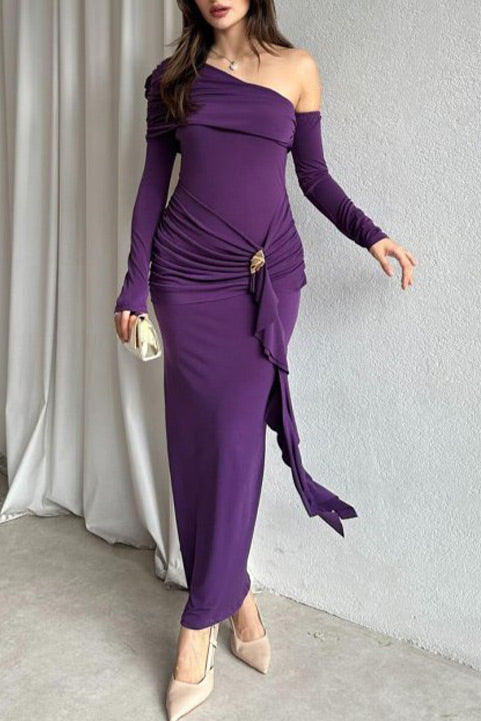 Long-sleeved slant collar lace exposed backpack hip slim dress