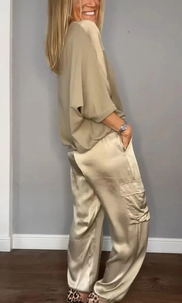 Smooth Satin Half-sleeved Top and Pant Suit Two-piece