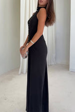 Sleeveless half-high collar multi-button slim-fit long dress