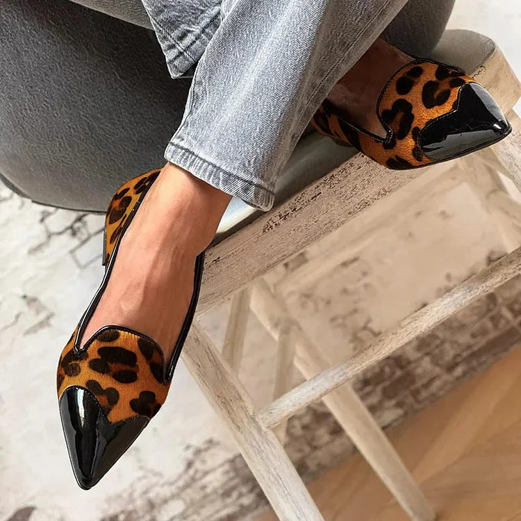 Patented pointed toe suede leopard patchwork slip-on loafers