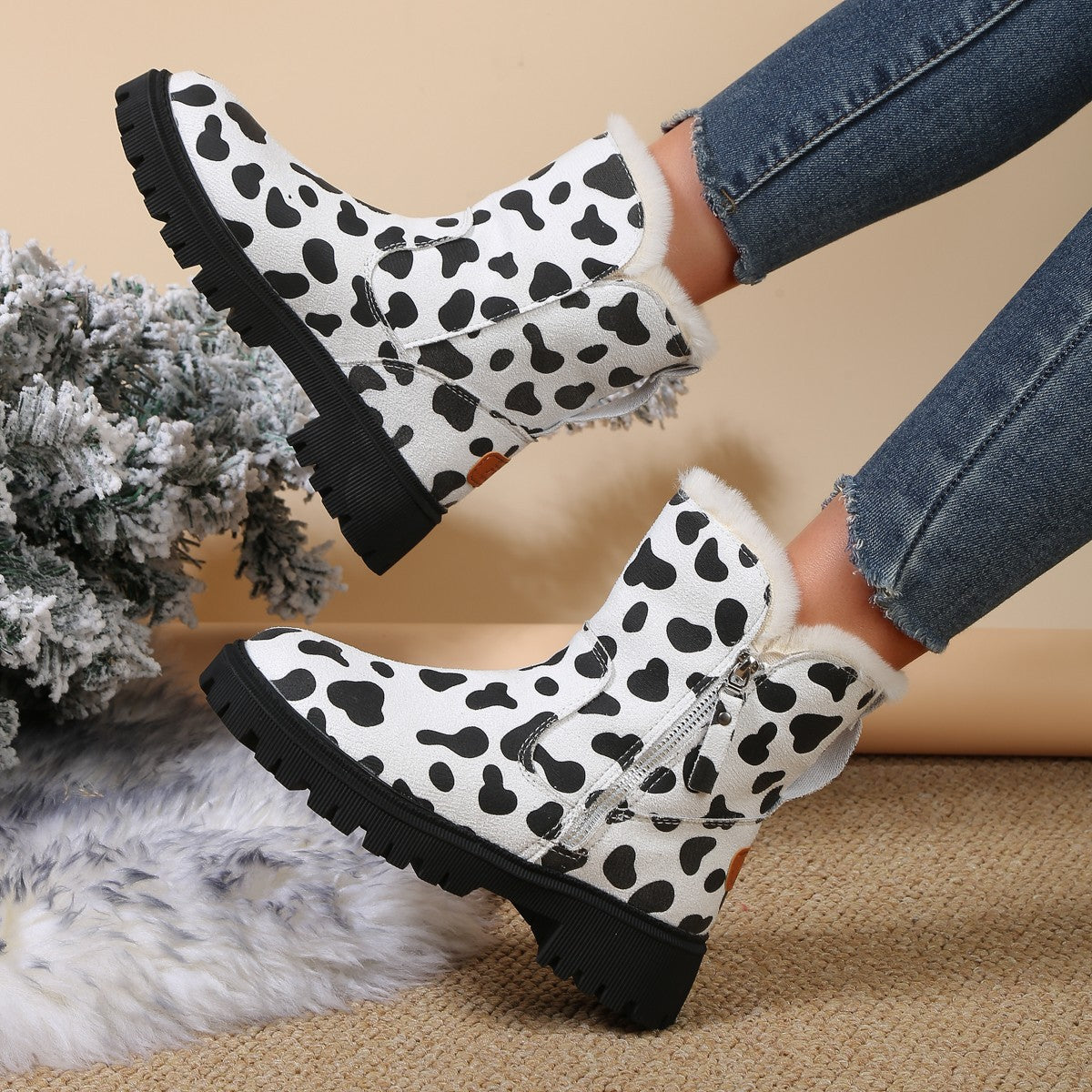 Sapatos de algodão com cano médio em veludo leopardo