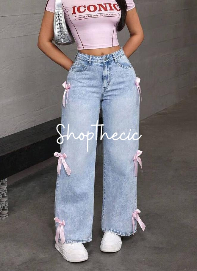 Bow-tie straight wide-leg washed jeans