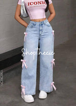 Bow-tie straight wide-leg washed jeans