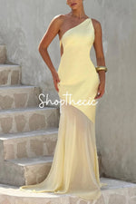One-shoulder back-strap mesh hem evening gown