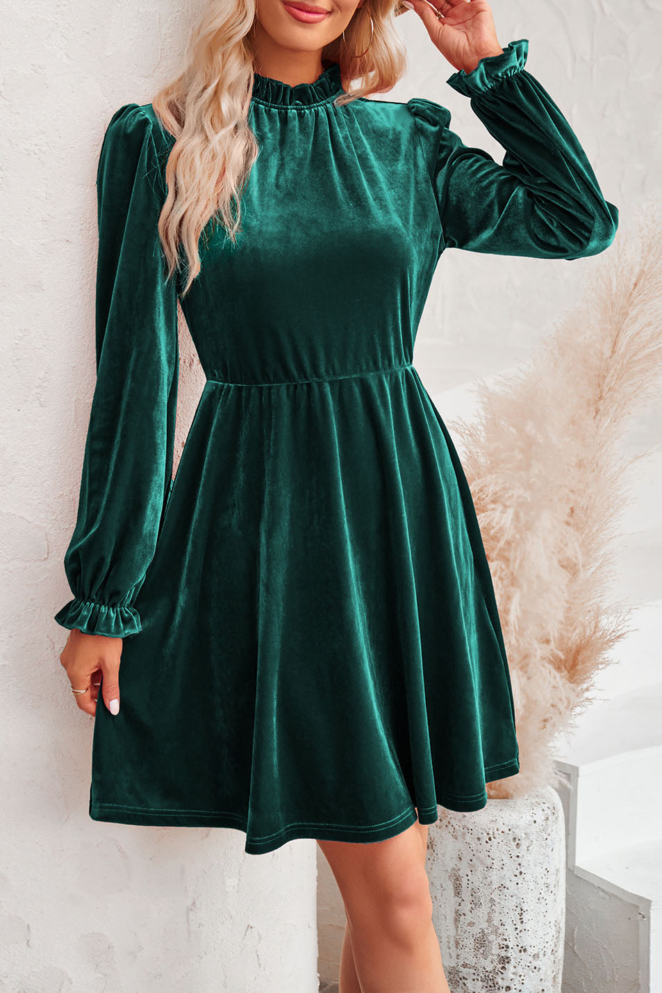 Retro-Kleid aus Samt mit hohem Kragen, taillierten Laternenärmeln