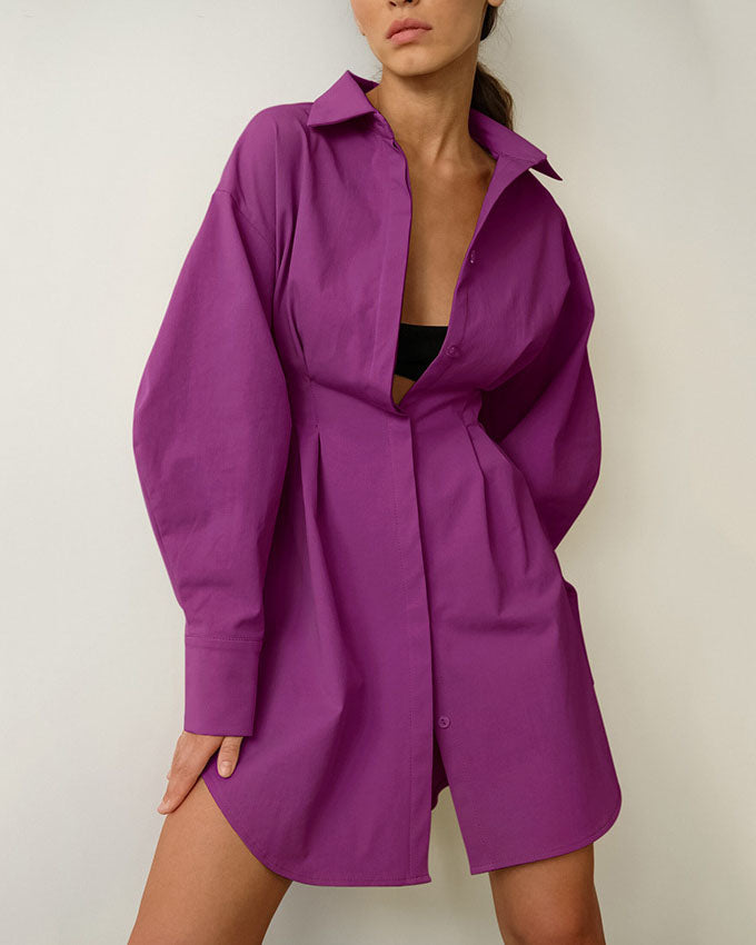 Vintage Cinched Waist Slim Fit Solid Color Shirt Dress